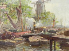 Dutch School mid 20th century impressionist painting canal scene and windmill