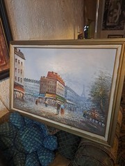 41×29 Vintage Henry Rogers Parisian Cafe Street Scene Original Oil Paint Signed