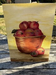 Vintage Still Life Painting Bushel of Red Apples Artist Signed 1978 Canvas Board