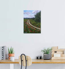 Original Country Path Oil Painting Poppy Meadow Flowers Rural Field Wall Art