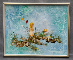 CHILDREN GIRLS 2 SISTERS VINTAGE ORIGINAL PAINTING CIRCLE / STYLE OF DAVID BOYD