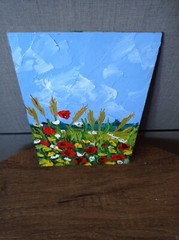 Field Wildflowers Poppies Field Original Art Oil Painting Landscape Sunset 7×5″