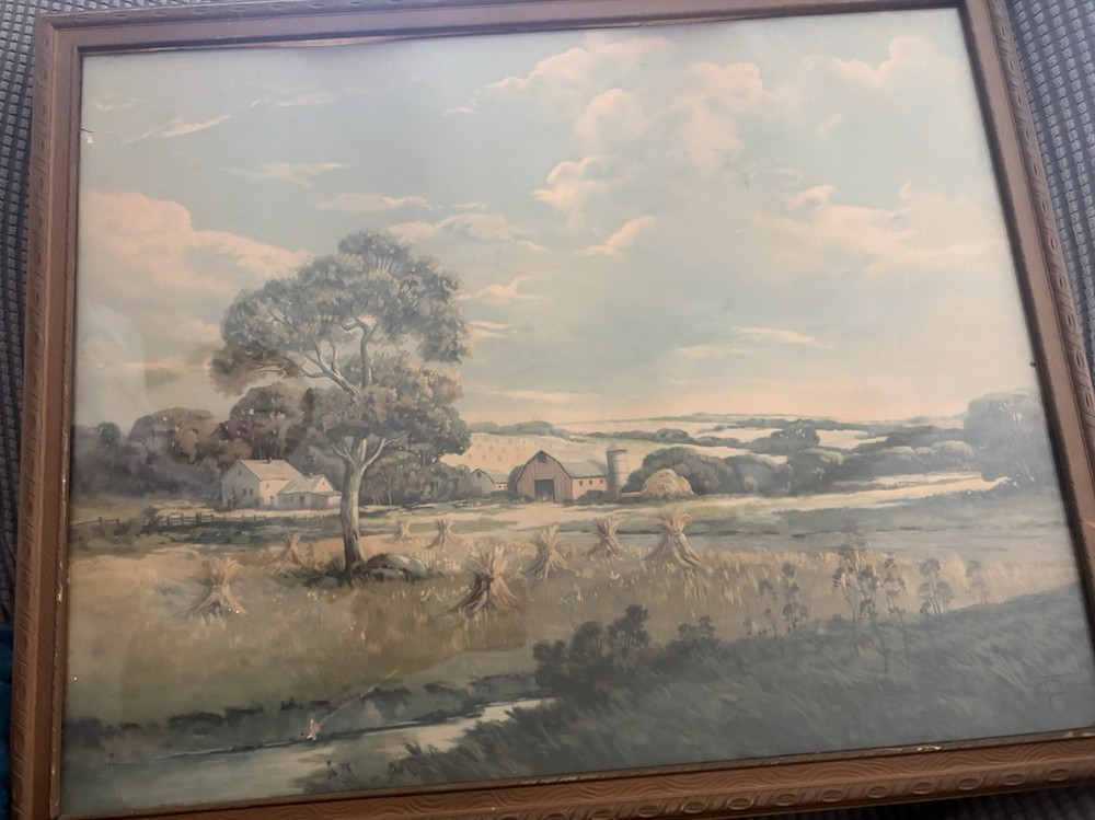Framed landscape print by the artist William T. Crane, titled „Hay Farm“