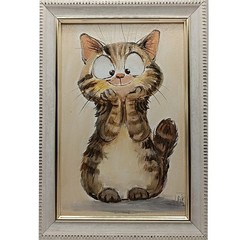 Original Tabby Cat Oil Painting Cute Kitten Framed Miniature Funny Pet Art