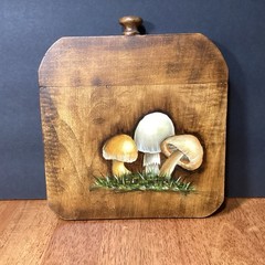 Vintage 1970s OOAK Mushroom Painting On Wood 8.5” X 8” Decor.