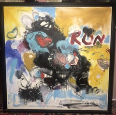 OOC Oil Run Hearts Canvas Modern Abstract Framed Signed Stevens 18.5-19.25