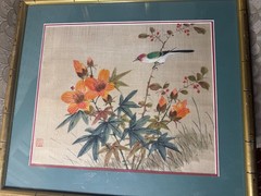 „Asian Bird Among Flowers Scene“ Watercolor Painting – Signed And Framed