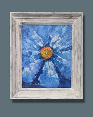 Framed original blue flower acrylic painting on Canvas. 21 in x 26 in