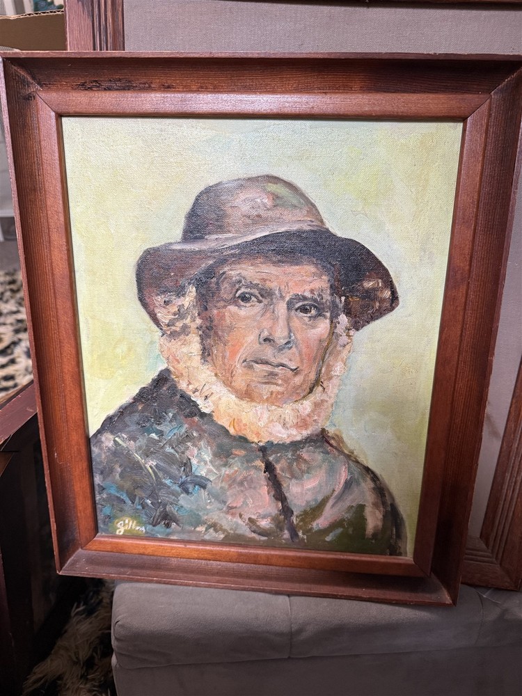 Vintage Painting Portriat Old Man Bear Hat Fisherman Signed Gillian Framed