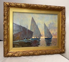 Vintage original Evgeny Expressionism nautical sail boat oil painting on canvas
