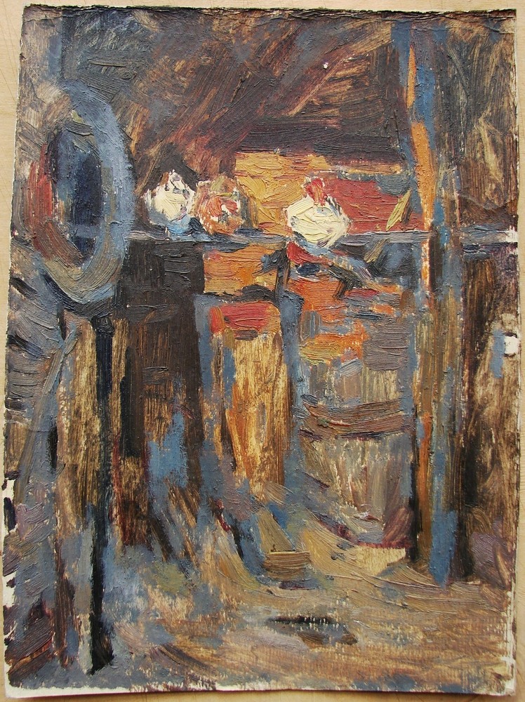 Ukrainian Soviet USSR oil Painting impressionism interior barn sketch