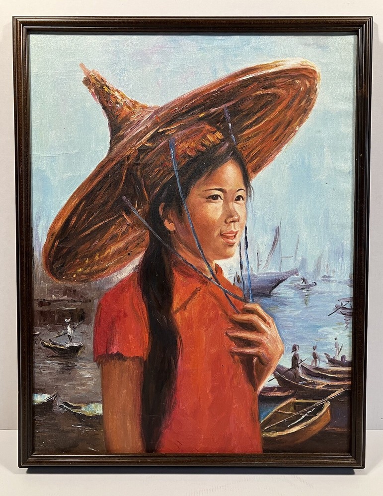 Vintage Chinese Asian Painting Woman or Girl in Red Shirt Framed after Mai Ming