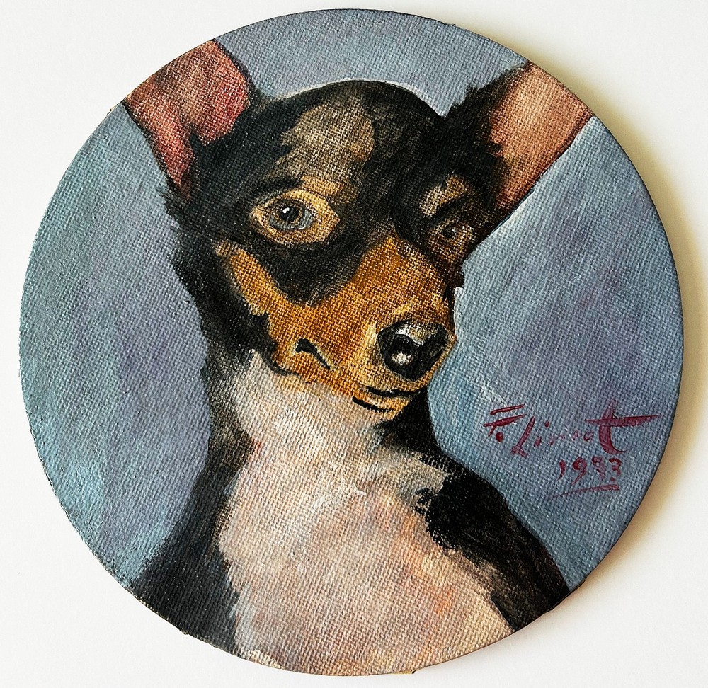 Vintage 1973 Signed Oil Painting Chihuahua / Miniature Pinscher Dog Portrait