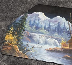Hand Painted Landscape Scenery Stone Slab Lake Cabin Mountains Signed 10×15″