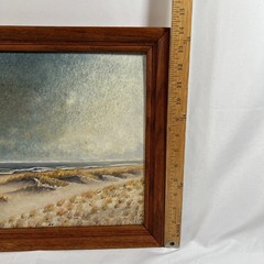Vintage Landscape Painting Ocean Beach Sea Sand Waves Grass Cottage Cabin Framed