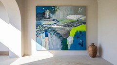 Unique Piece! Naive abstract landscape playful XXL size 140×130 cm acrylic glass