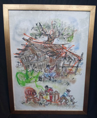 Vtg Elena Castellanos Argentina Gaucho Cowboy Painting Guitar 1/16 framed 27.5″