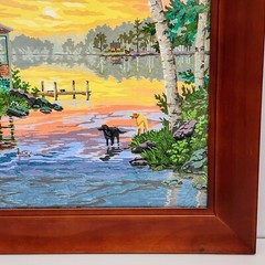 SUNSET CABIN Framed Paint by Number Artwork 20″x24″ Lake Canoe Dogs Sunset Cabin