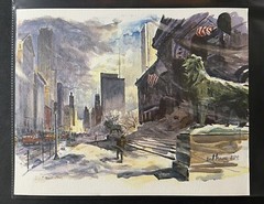 Earl Gross A.W.S 1974 “Boul Mich“ Chicago Watercolor Painting Lithograph 8×10