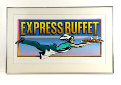 Original, framed and matted illustration of chef flying with pizza