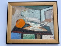 CHRISTOPHER NAYLOR PAINTING VINTAGE ABSTRACT CUBIST STILL LIFE TEA POT W ORANGE