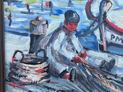 Vintage Coastal Landscape Nautical Oil Painting Boats Architecture Boy Palm Tree