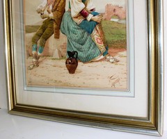 FILIPPO INDONI 1842-1908 ANTIQUE WATERCOLOR CARDBOARD SIGNED COURTSHIP ITALIAN
