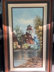 Original F Schwaigizer Oil Painting European Village Landscape Framed