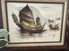 VINTAGE ORIGINAL OIL PAINTING ASIAN ARTIST P. WONG SEASIDE FISHING BOATS