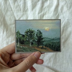 Original ACEO Moon Landscape With Trees Impressionist Nature Oil Pastel Painting