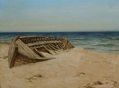 Abandoned Boat Oil Painting Original Seascape Beach Art Sailboat Ocean Sky