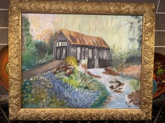 Vtg Oil Painting Signed By D Ray Of Covered Bridge Stream Rural Country Scene