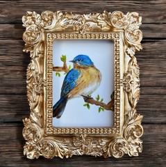 Eastern Bluebird mini art watercolor print in gold vintage style ornate frame