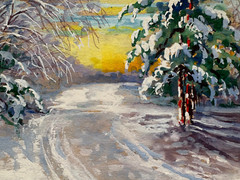 Snowy Road & Pine Trees under Sunny Horizon 3 3/4″ x 5 1/2″ Painting-1930s/40s
