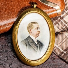 Victorian Antique Portrait Miniature Painting Man Mustache Tuxedo Gilded Age Art