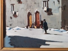 Snowfall in an Old Italian Village Winter Landscape Vintage Oil Painting signed