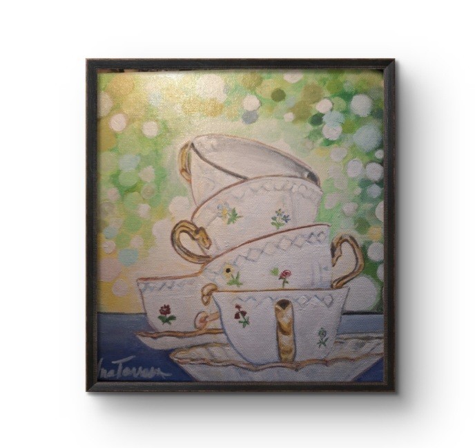 Modern China Cups Set 10×10 Acrylic Painting Canvas Panel