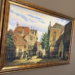 Antique Original Oil Painting: Bustling Dutch City Signed S. Hof ? Framed