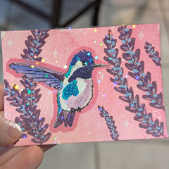 ACEO Hummingbird Mixed Media Art Pink Lavender Original HOLOGRAPHIC