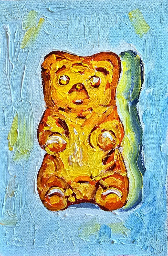 Gummy Bear Yellow Oil Painting 10×15 cm Pastose Technique Painting on Canvas Fabric
