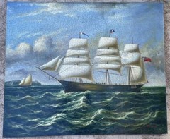 Antique Original Painting Albert Hess (1895-1860) Sailing Ship Art 20” X 24”