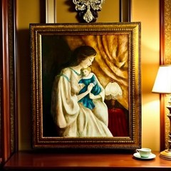 Oil Painting-Woman w Porcelain Doll-34×30-Gilded Frame-Canvas Art-VTG-Portrait