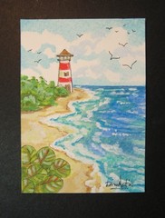 Lighthouse Seascape ACEO Painting Title: LIGHTHOUSE POINT ocean shoreline waves