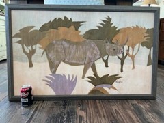 Joseph Ntensibe African Art, Original Vintage Painting Signed Ntensibe Of Rhino