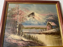 Original Acrylic Painting Forest Mountain Cottage Landscape Framed
