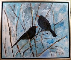 MONOGRAM SIGNED! WINTER SCENERY WITH 2 BLACKBIRDS