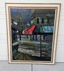 Large Original Mario Benedetti „Cafe Roma“ Oil Painting, c. 1970s Landscape
