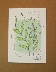 ACEO LITTLE LEAVES SERIES #2 delicate tiny drawing Shimmer Acrylic Ink W/C paper