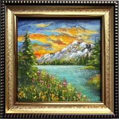 Sunset Original Oil Painting Landscape Mountain Lake and Trees Wall Art 4 x 4 in