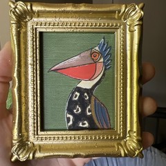 Print Of My Art Funny Pelican Bird funny,cute,miniature Painting,small, framed
